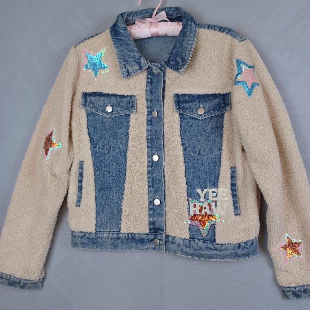 Blue B. Collection Denim Sherpa Jacket Yee Haw Sequin Star Horse Blue Cream S